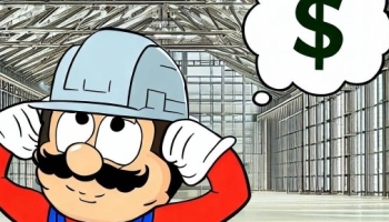 Eine gezeichnete Zeichentrickfigur, die Super Mario ähnelt, trägt einen Helm. Direkt vor der Figur steht ein großer offener Geldsack, aus dem Eurobanknoten herausschauen. Die Figur hat eine Denkblase über dem Kopf mit einem großen Fragezeichen darin. Im Hintergrund ist eine charmant gezeichnete Stahlhalle mit einem markanten Satteldach und einem imposanten Stahlgerüst zu erkennen.